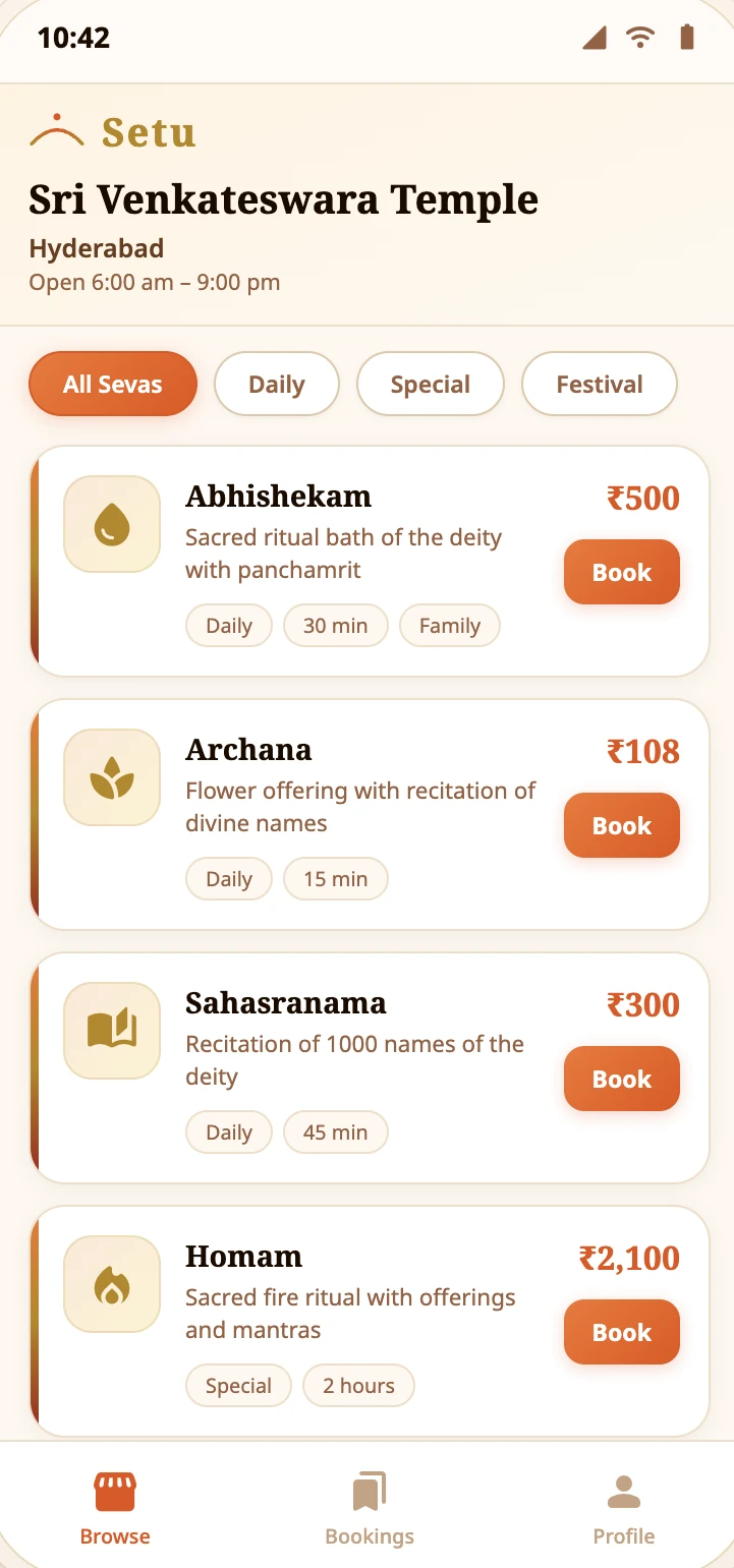 Preview of the Setu app: a temple’s sevas listed by category, each with a short description, duration, price and a Book button.