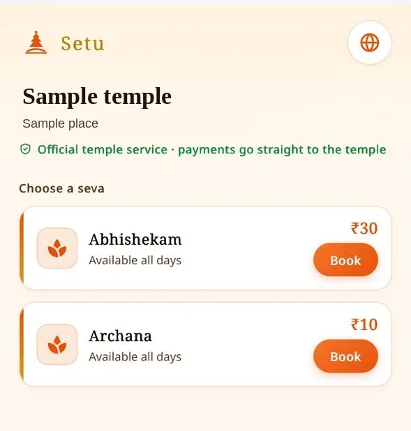 Sample Setu page for devotees. The temple name reads Sample temple and the place reads Sample place. Abhishekam is listed at 30 rupees and Archana at 10 rupees, each available all days, with a Book button. The page says payments go straight to the temple.