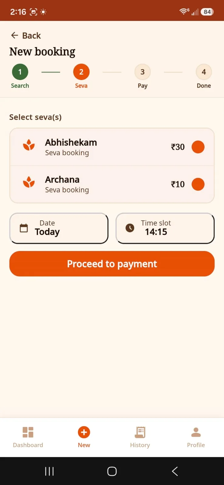 Setu new-booking screen on the Seva step. Abhishekam at 30 rupees and Archana at 10 rupees are selected, the date is today, the time slot is 14:15, and the button says Proceed to payment. The steps are Search, Seva, Pay and Done.